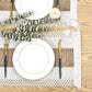 Knitted colorblock placemat angled on a dining table setting