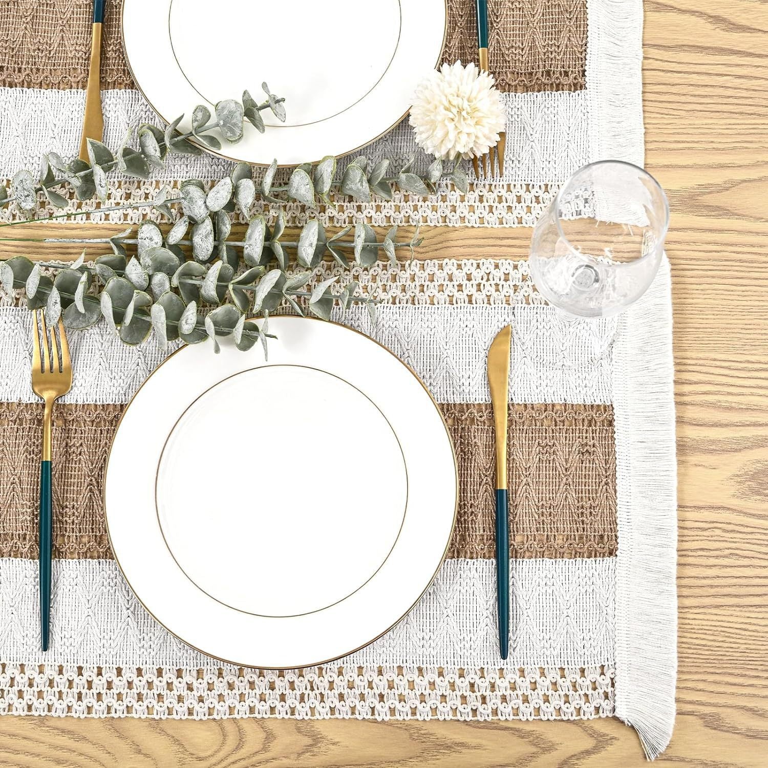 Knitted colorblock placemat angled on a dining table setting
