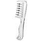 Clear plastic scalp applicator comb with six metal ball tips and a looped handle on a white background