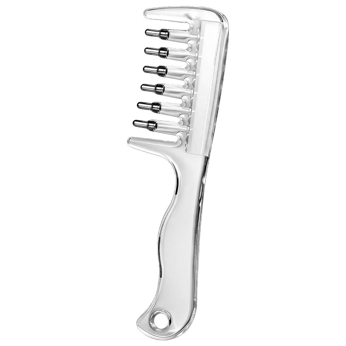 Clear plastic scalp applicator comb with six metal ball tips and a looped handle on a white background