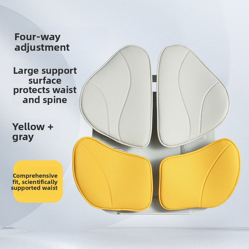 Back support cushion strapped to a car seat for a long drive