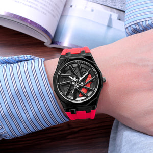 Side profile of the octagonal car wheel quartz watch and silicone strap