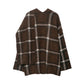 Back of the brown plaid knit cardigan laid flat on white with a shallow V shaped neckline