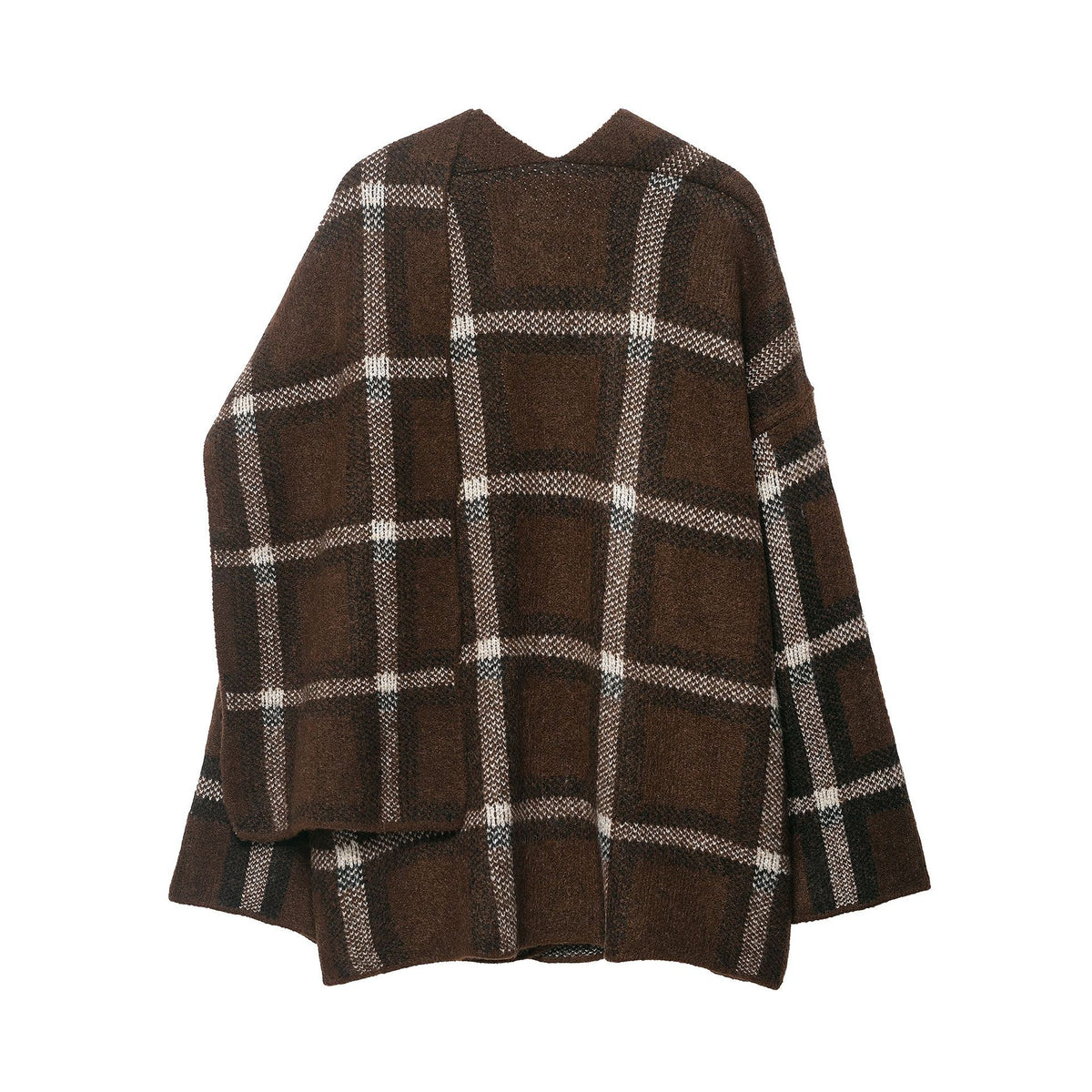 Back of the brown plaid knit cardigan laid flat on white with a shallow V shaped neckline