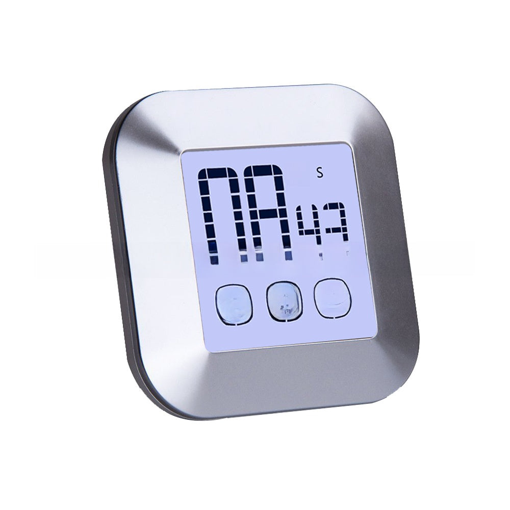 Front of the silver LCD kitchen timer with three touch buttons below the digital screen