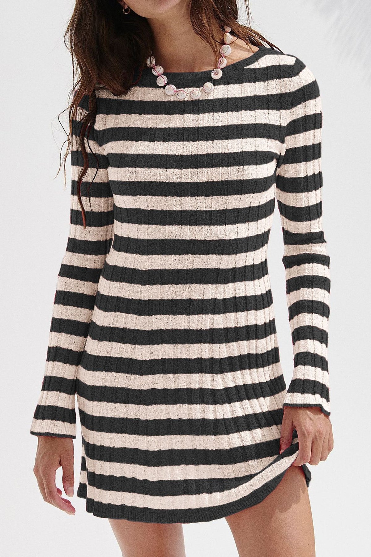 Black and cream striped ribbed knit dress with long sleeves and round neck, size XL option