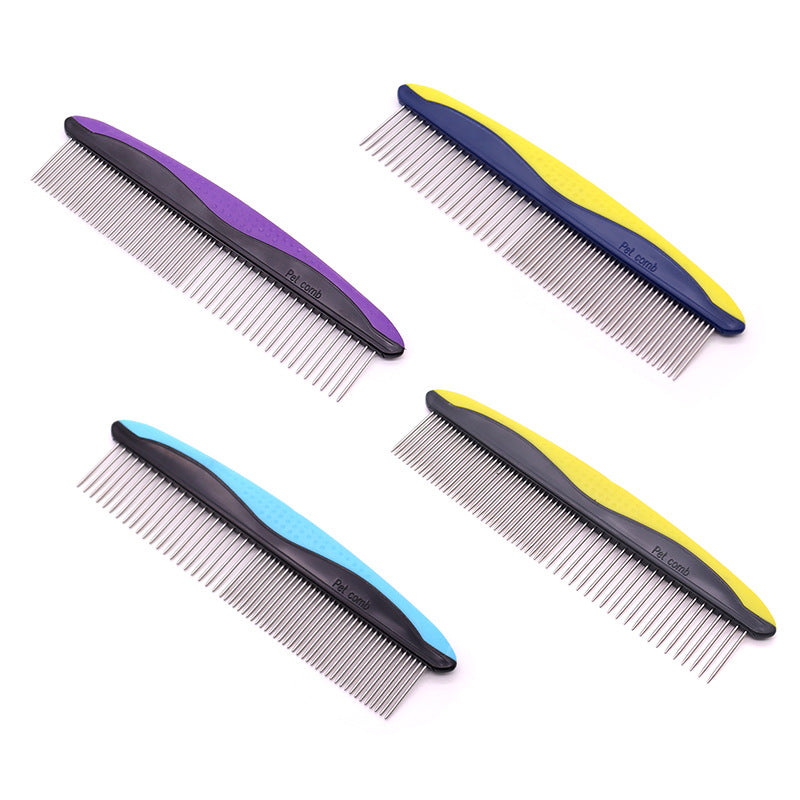 Pet grooming comb with steel pins and a rubberised two tone handle