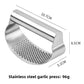Garlic press size panel showing 10.7 by 6.5 by 5.1 cm and 96 g with a fine hole pattern