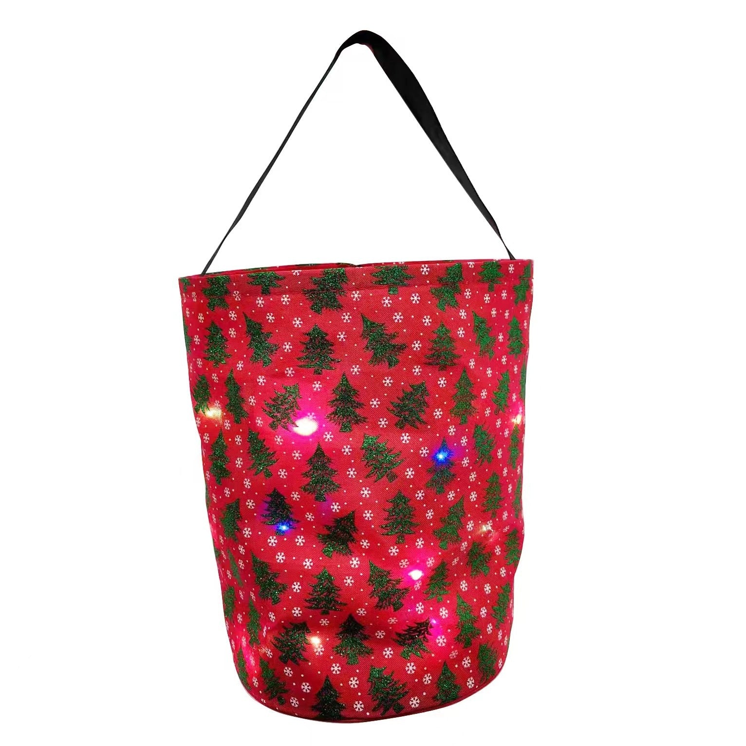 Red Christmas party bucket bag with a pine tree print lit up through the fabric