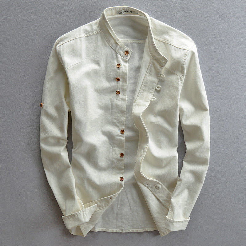 Close up of the linen weave and collar band on the men's casual shirt