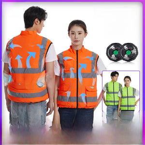 Orange and green fan work vests on two models with blue airflow arrows rising up the torso