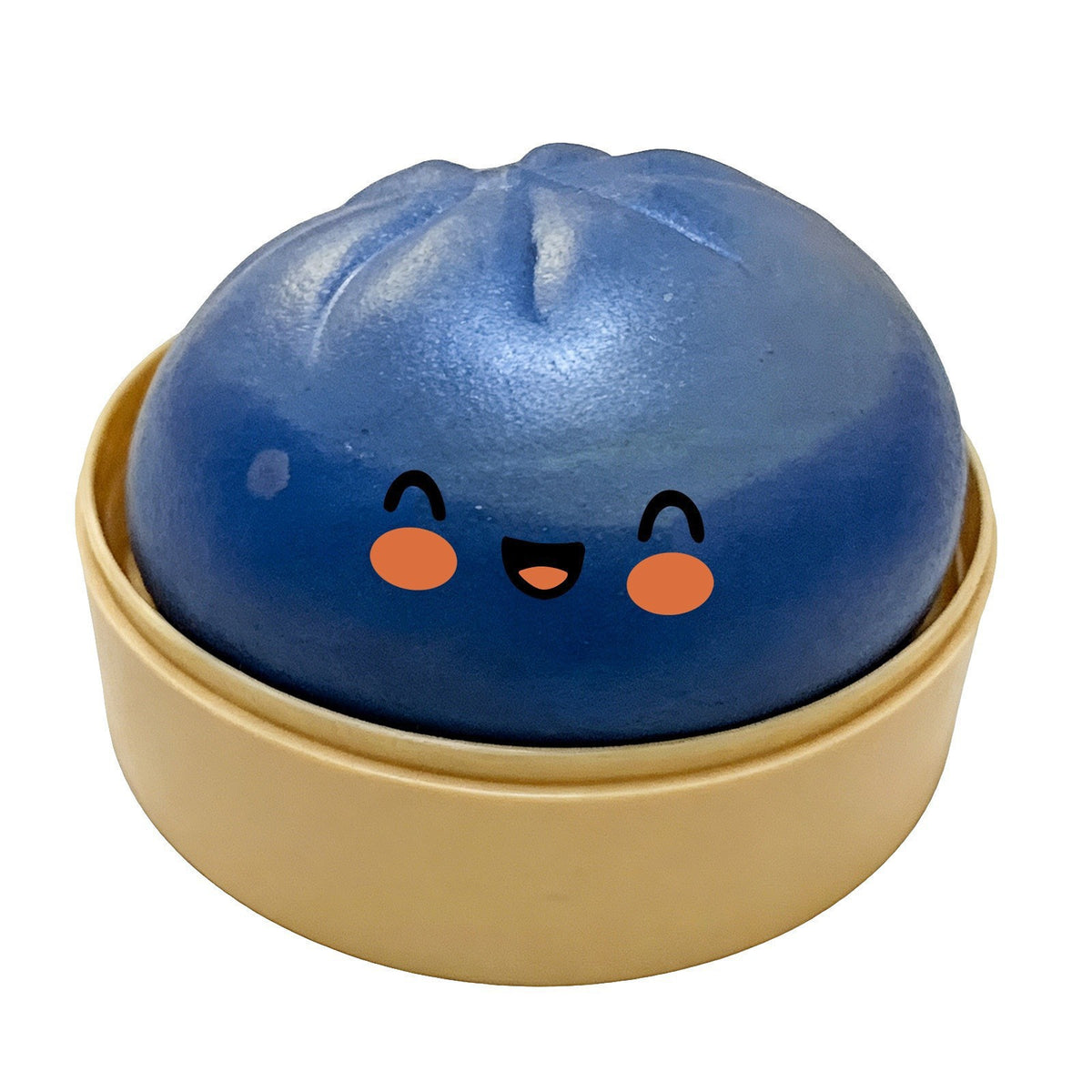 Pearly steamed bun squishy toy resting in its small dish on a plain background