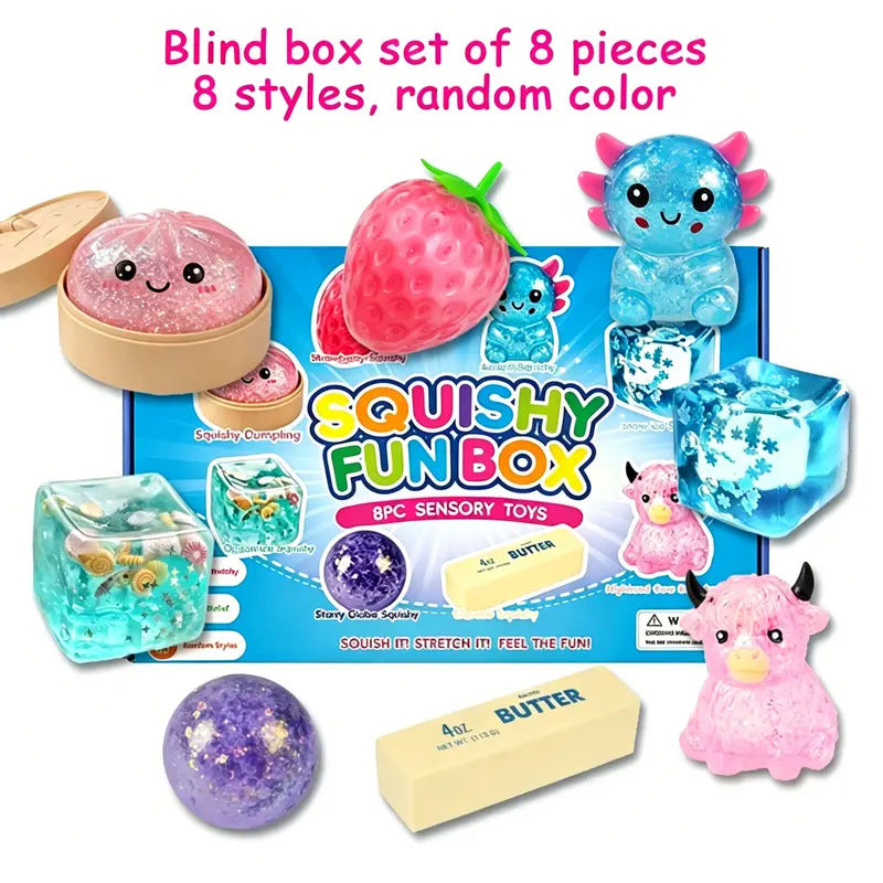 Set 2 blind assortment of eight squishies, dumpling, axolotl, starry globe and highland cow