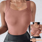 Dusty rose seamless nylon square neck tank top, worn view with the built-in bra inset, size L option photo