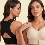 Woman shown from the back in a black front closure support bra with a keyhole racerback