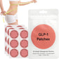 Pink GLP-1 patch pouch with three sheets of round adhesive patches shown in a lifestyle photo