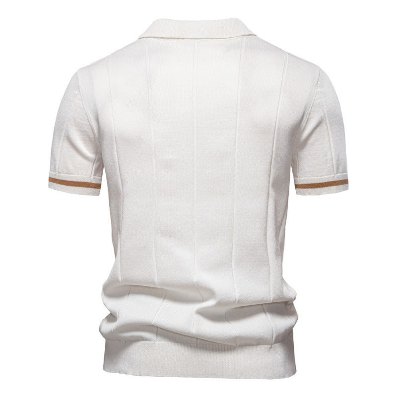 Men's knitted shirt angled view showing regular fit through the body