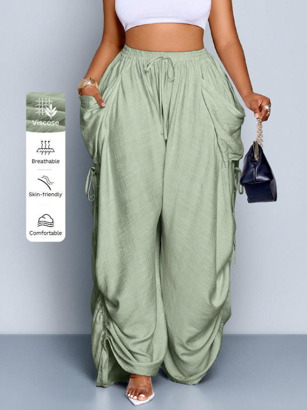 High waist wide leg linen look viscose drawstring trousers, the colour swatch panel of the fourteen shades