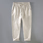 Pure linen mens drawstring straight leg trousers in green coffee, styled with a linen shirt