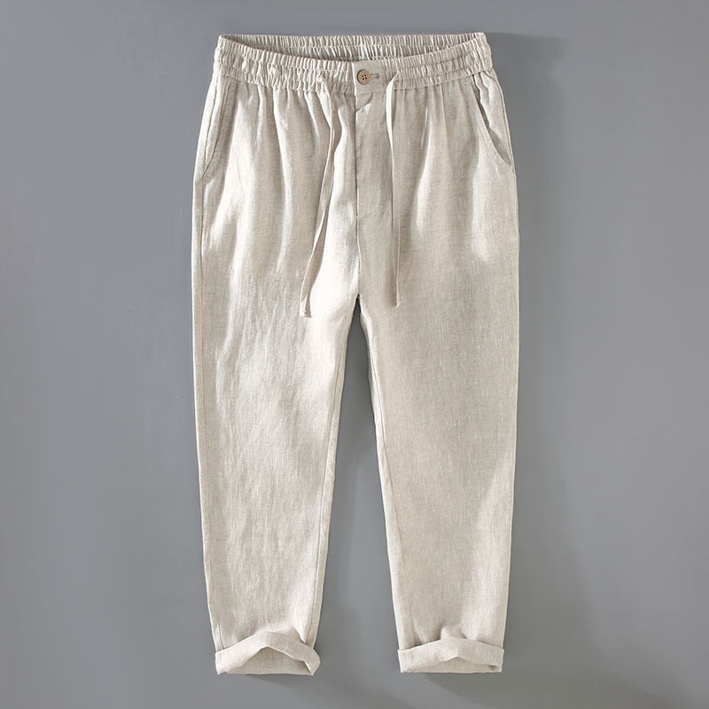 Pure linen mens drawstring straight leg trousers in green coffee, styled with a linen shirt