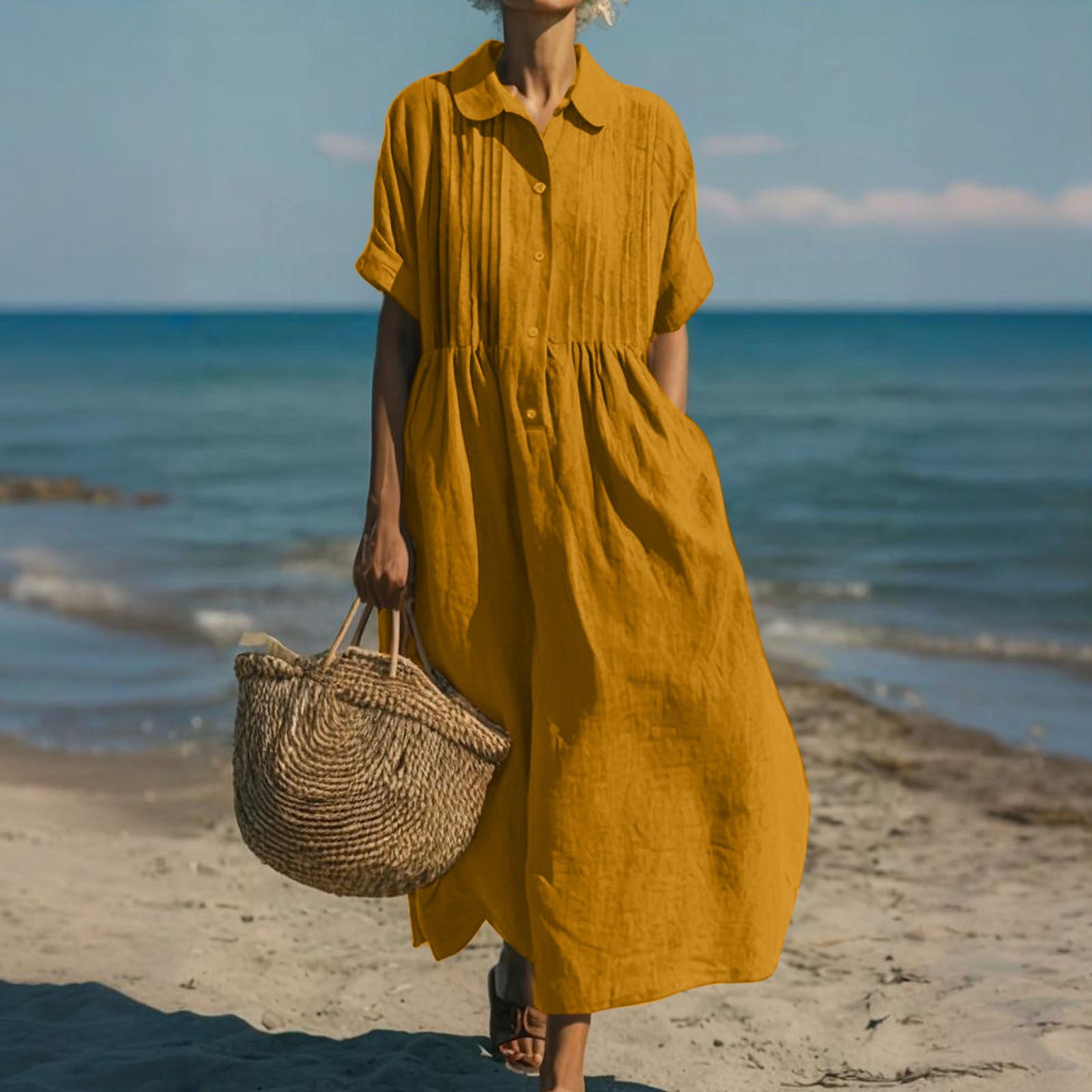 Short-sleeve cotton linen dress alternate styling shown in context
