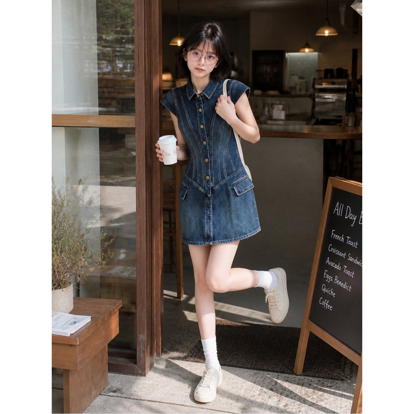 Blue denim shirt dress with curved waist seams and short A-line skirt outdoors
