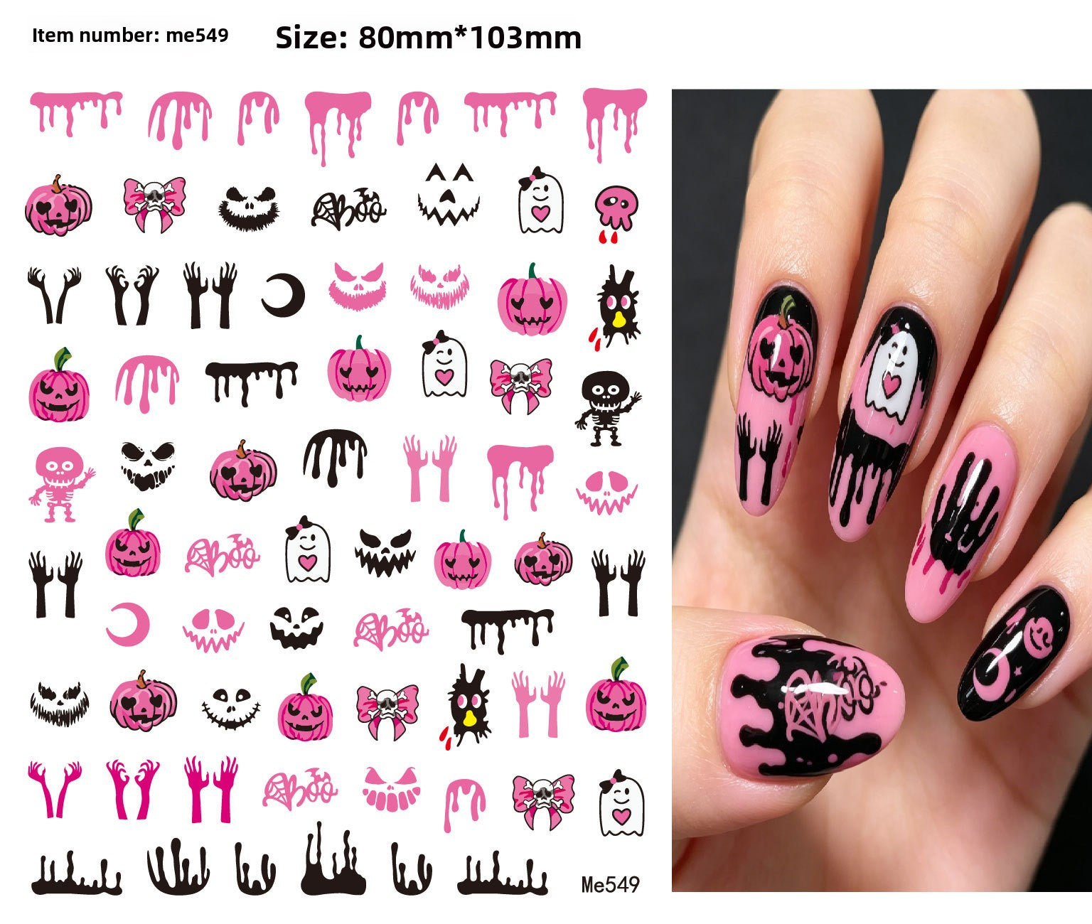 Halloween nail decals shown as a finished manicure with skulls and pumpkins