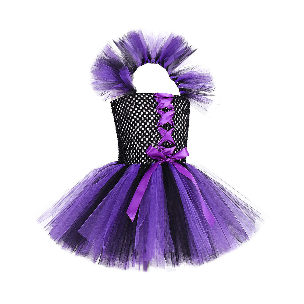 Back view of the purple witch dress showing the ribbon laced bodice