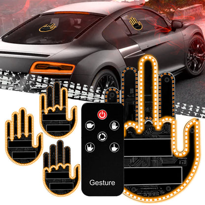 Hand-shaped amber LED lights in several sizes beside a remote labelled Gesture, with a car in the background