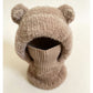 Dark khaki tan fluffy knit bear ear balaclava hood with a ribbed neck tube, Adult Dark Khaki variant
