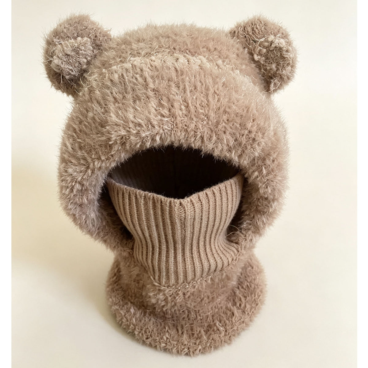 Dark khaki tan fluffy knit bear ear balaclava hood with a ribbed neck tube, Adult Dark Khaki variant