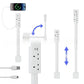 UK plug version of the white power socket extender with square sockets and a USB cable beside it