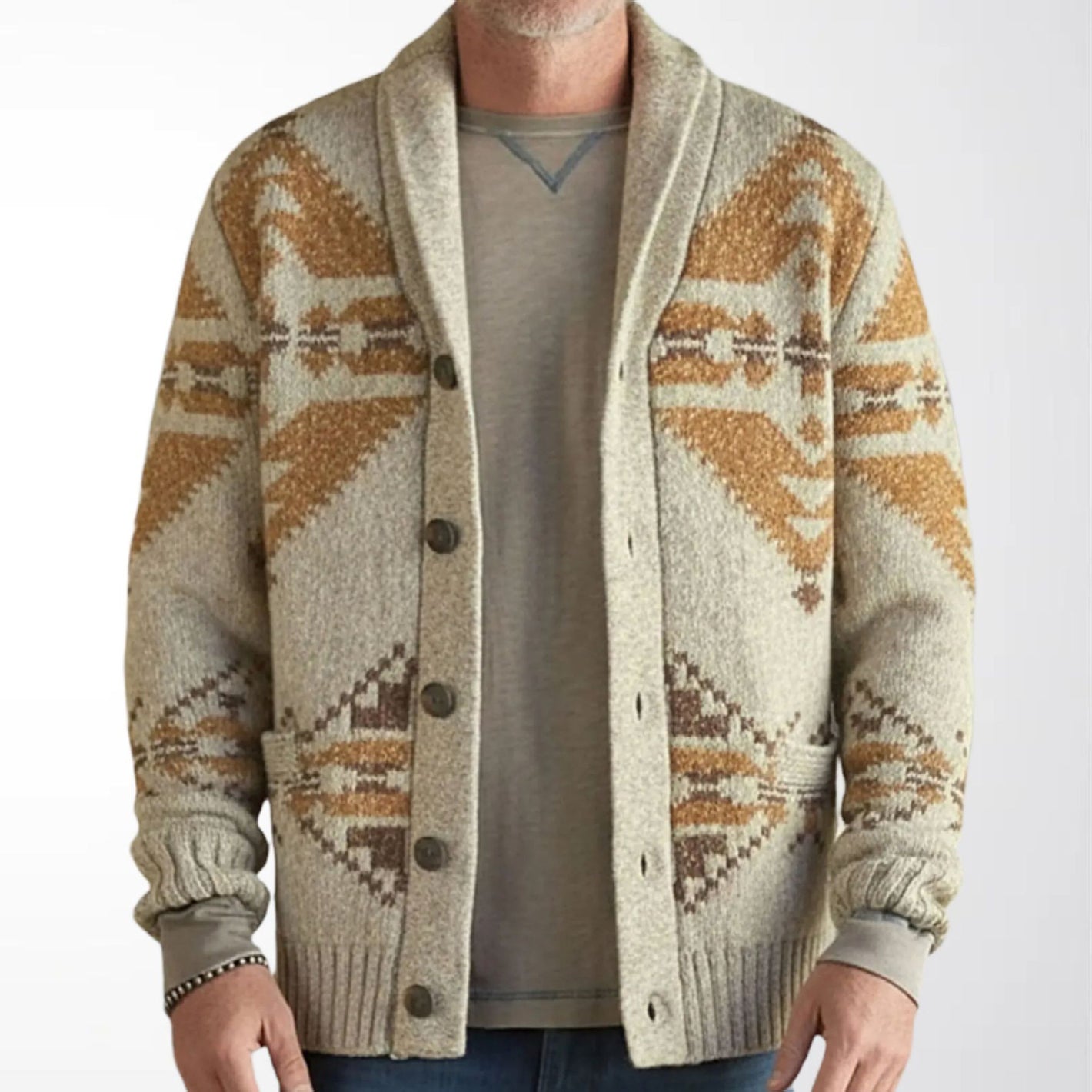 Man wearing the oatmeal geometric jacquard shawl collar knit cardigan, front view over a grey tee