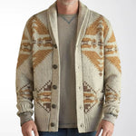 Man wearing the oatmeal geometric jacquard shawl collar knit cardigan, front view over a grey tee