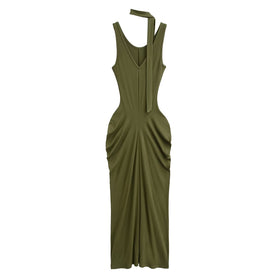 Womens Sleeveless V-Neck Ruched Maxi Dress with Neck Sash
