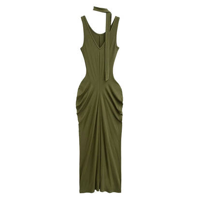 Sleeveless V-neck ruched maxi dress with a long neck sash shown as a flat lay