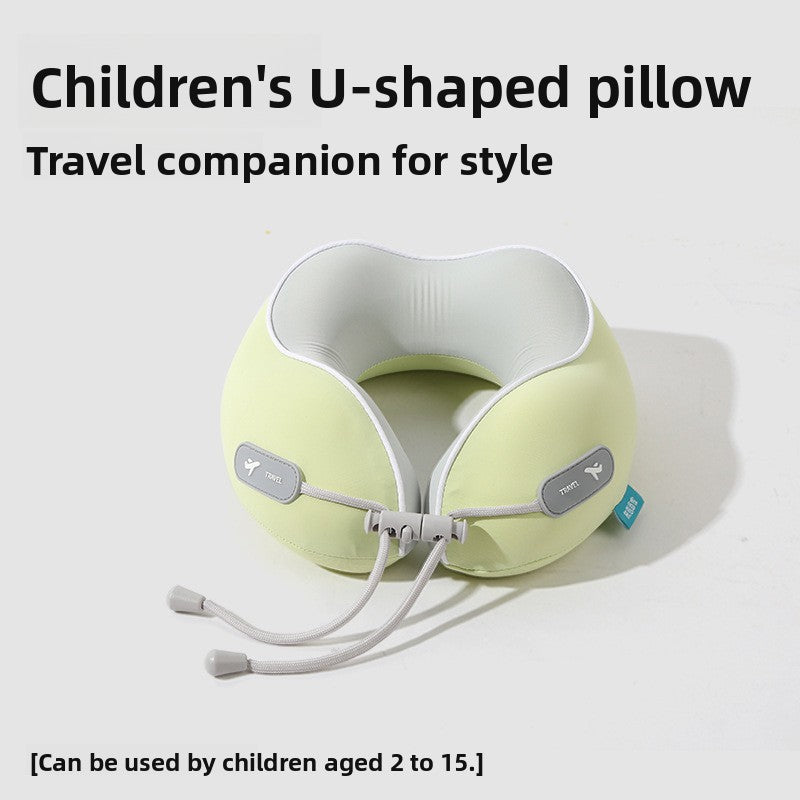 Light green and pale gray U shaped neck pillow with front cord, children's size, single pillow option