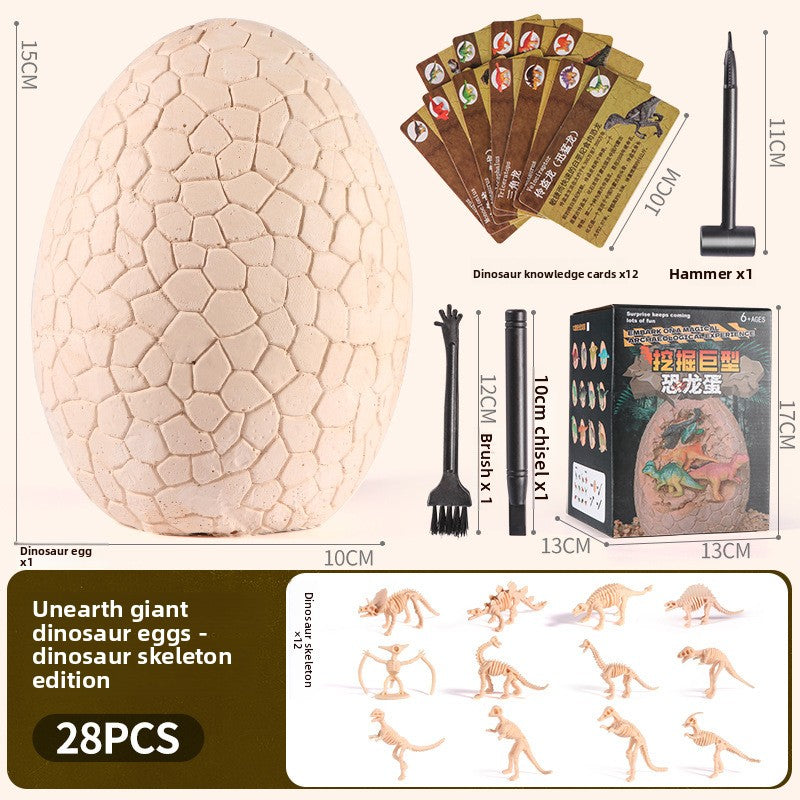 Dinosaur egg excavation kit shown with mini dinosaurs and digging tools