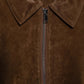 Dark brown vegan suede cropped jacket shown from the front with the lapel collar