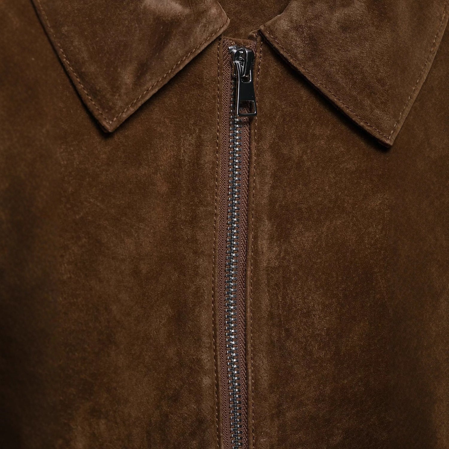 Dark brown vegan suede cropped jacket shown from the front with the lapel collar