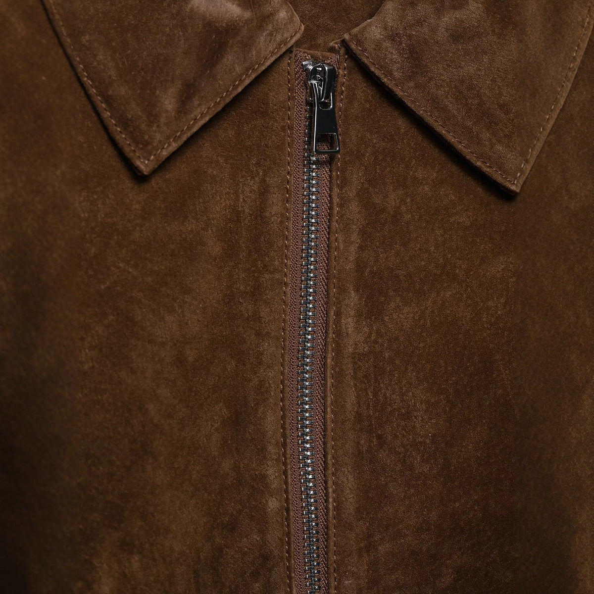 Dark brown vegan suede cropped jacket shown from the front with the lapel collar