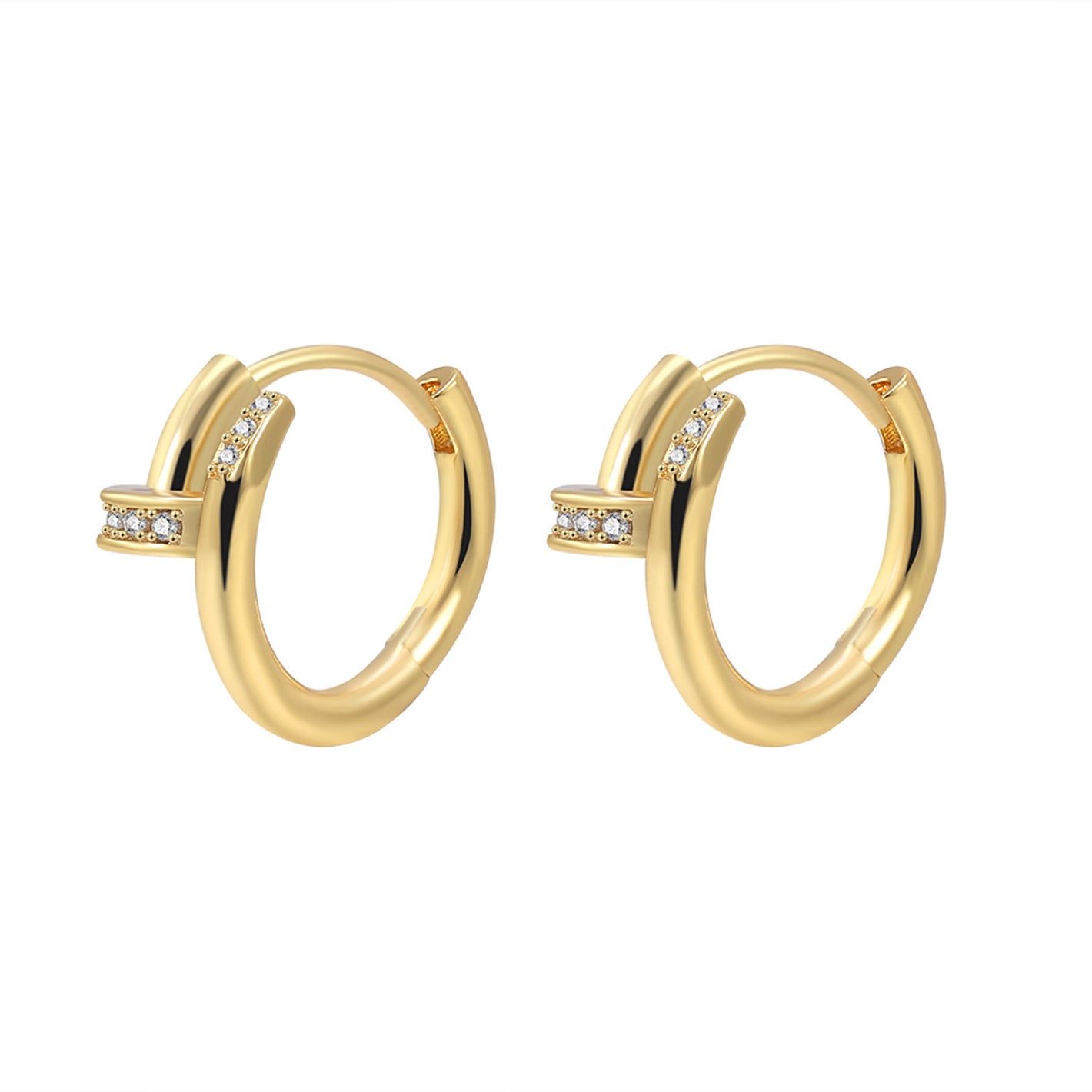 Zirconium nail stud earrings in 18K gold tone, front view of the pair