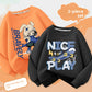 Boys indigo crew neck sweatshirt with a skateboard and letters print shown on a plain background