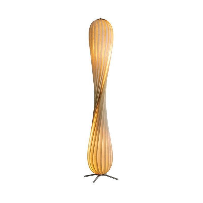 Detail of the lamp finish, wood slat edges and the slim metal base