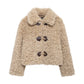 Womens cream curly fleece cropped jacket with lapel collar shown from the front