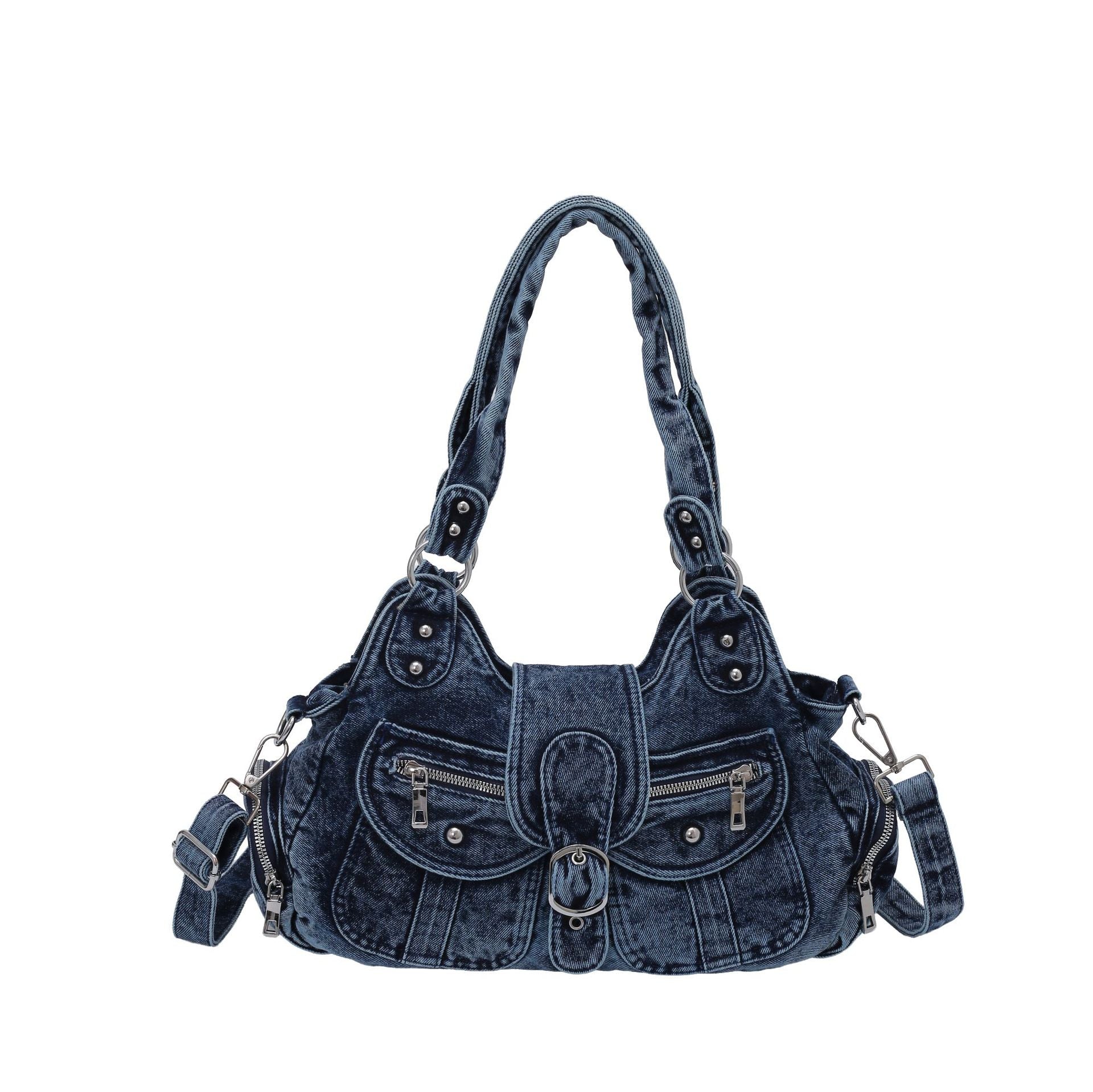 Blue denim shoulder bag laid flat showing the front buckle strap and zip pocket
