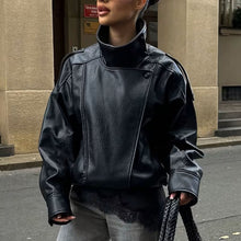 Womens Oversized PU Leather Moto Jacket with Stand Collar