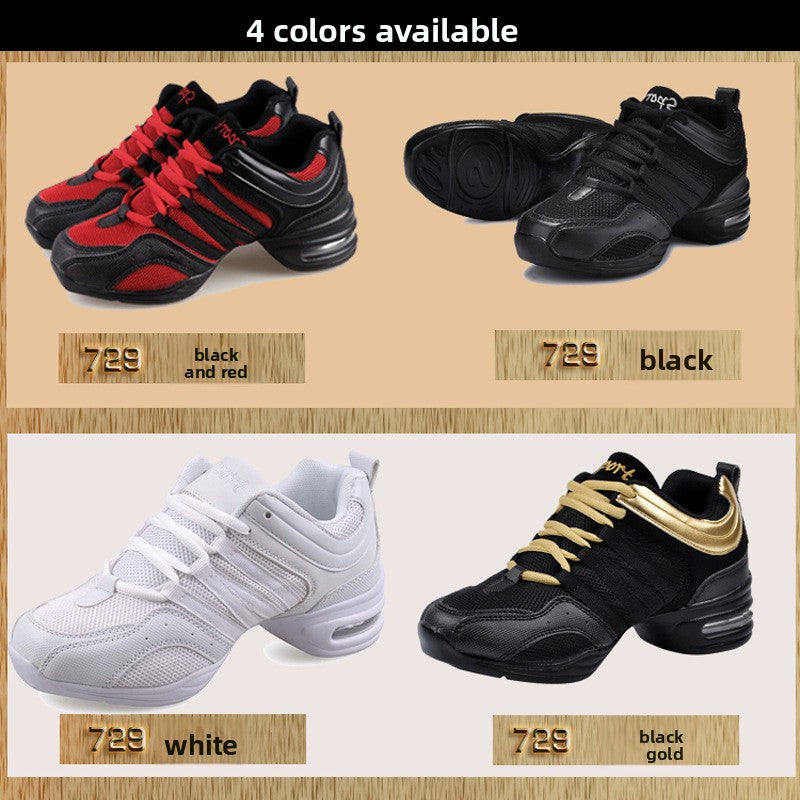 Collage of four dance sneaker colors: black and red, black, white and black gold