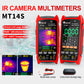 ET14S IR camera multimeter with a 2.8 inch screen, test probes and a zip storage bag laid out beside it