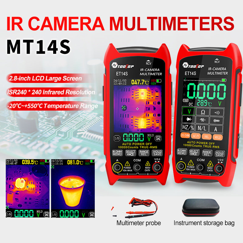ET14S IR camera multimeter with a 2.8 inch screen, test probes and a zip storage bag laid out beside it